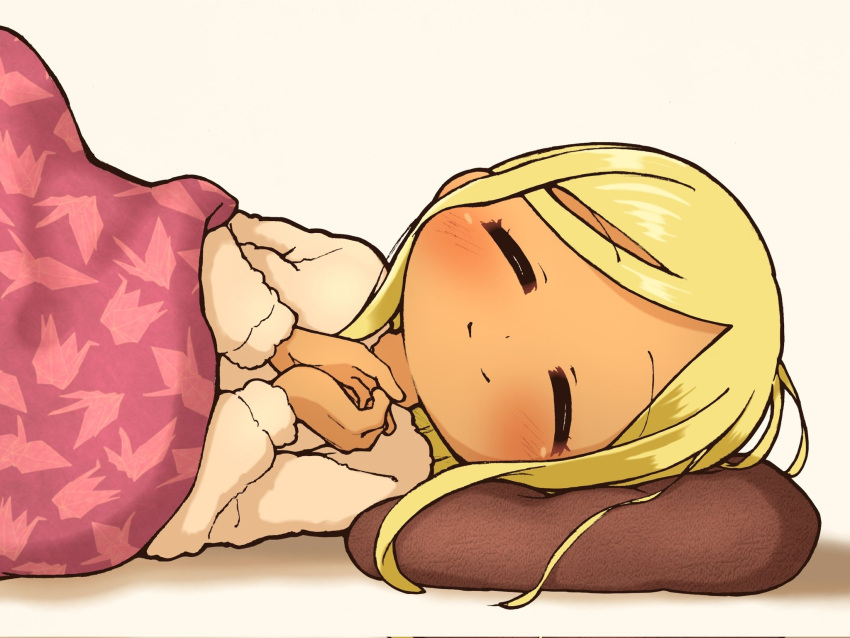 1girl blonde_hair blush check_commentary closed_eyes commentary_request dot_nose facing_viewer highres idolmaster idolmaster_cinderella_girls kotatsu layla_(idolmaster) long_hair long_sleeves lying mugenhouyou on_side own_hands_together pillow shadow sidelocks smile solo sweater table under_kotatsu under_table white_background white_sweater