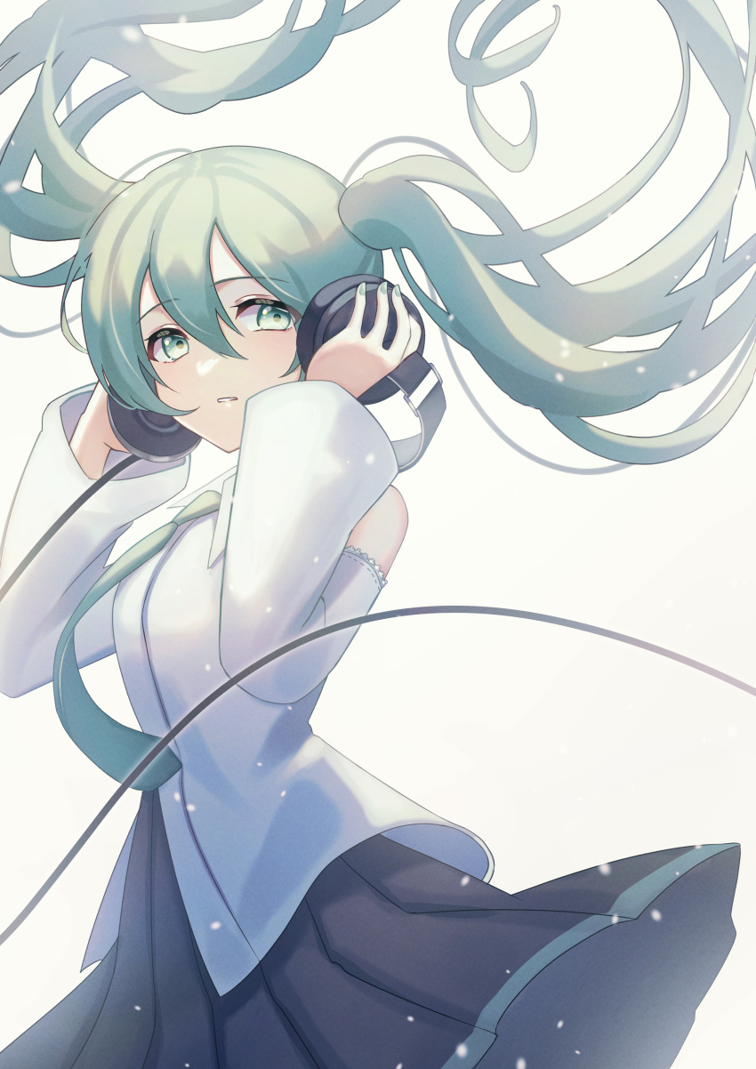 1girl absurdres blush detached_sleeves floating_hair green_eyes green_hair hands_on_headphones hatsune_miku headphones headphones_around_neck highres long_hair long_sleeves looking_at_viewer nail_polish necktie parted_lips pleated_skirt shirt skirt sleeveless sleeveless_shirt solo tsumurimai twintails very_long_hair vocaloid