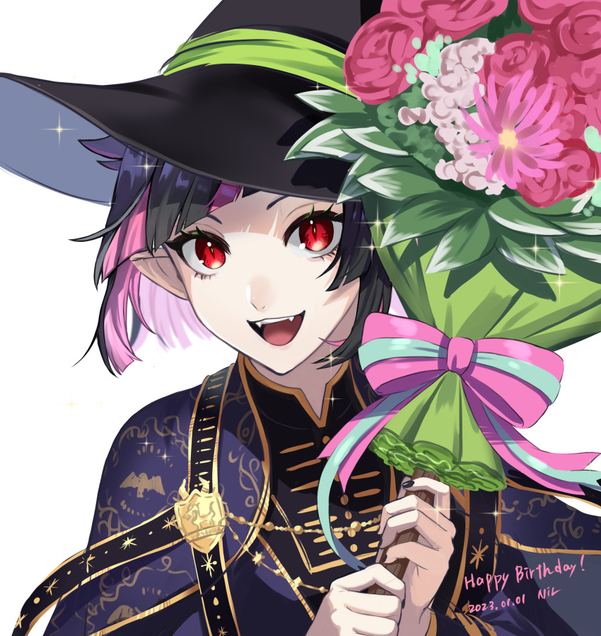 1boy absurdres black_hair blunt_bangs bouquet bow broom cape diagonal_bangs fangs flower hat highres holding holding_bouquet holding_broom lilia_vanrouge long_sleeves looking_at_viewer male_focus multicolored_hair nail_polish nil_(pixiv_53614557) open_mouth pink_hair red_eyes short_hair slit_pupils smile solo sparkle twisted_wonderland witch_hat