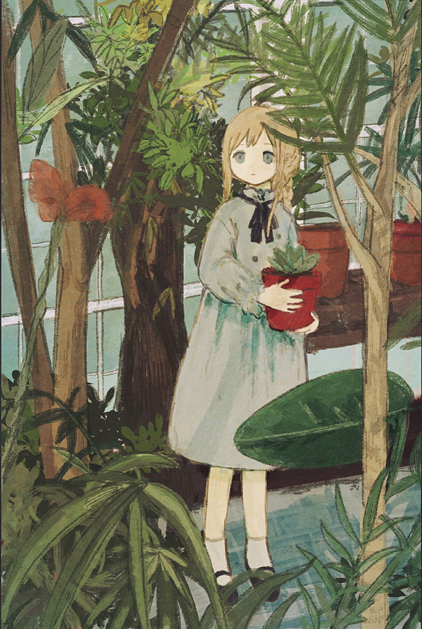 1girl black_footwear black_ribbon blonde_hair chisato_charme closed_mouth dress flower flower_pot full_body greenhouse grey_dress grey_eyes highres holding holding_flower_pot indoors leaf long_hair long_sleeves looking_at_flowers mary_janes neck_ribbon original plant potted_plant red_flower revision ribbon shelf shoes sidelocks socks solo standing tree white_socks