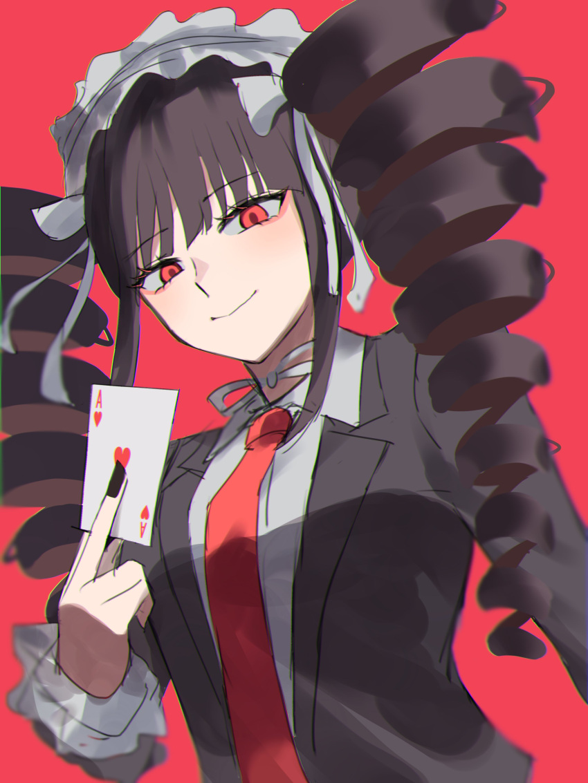 1girl absurdres ace_(playing_card) ace_of_hearts black_hair black_jacket black_nails card celestia_ludenberg closed_mouth collared_shirt commentary danganronpa:_trigger_happy_havoc danganronpa_(series) dress_shirt drill_hair hairband heart highres jacket lolita_hairband long_sleeves looking_at_viewer nail_polish necktie playing_card red_background red_eyes red_necktie shirt sidelocks simple_background solo tsukuno_tsuki twin_drills upper_body white_shirt