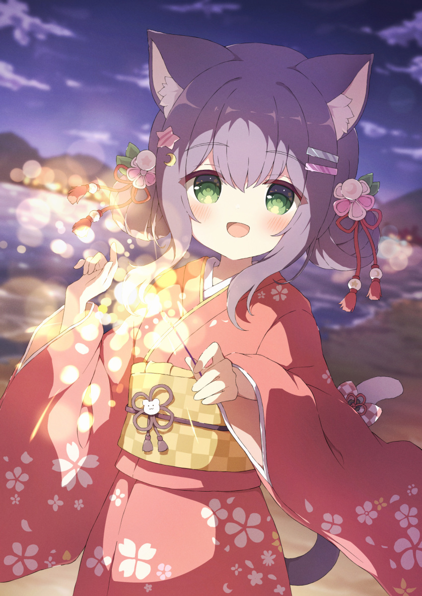 1girl :d animal_ears cat_ears cat_girl cat_tail commission green_eyes hair_ornament highres holding_fireworks japanese_clothes kimono original purple_hair red_kimono sash skeb_commission smile tail tyakomes upper_body