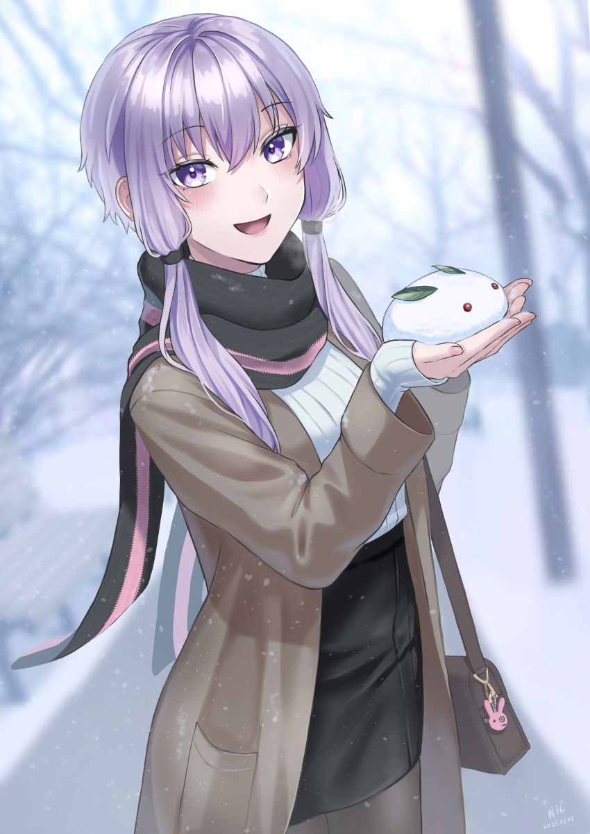 1girl absurdres bag bag_charm bare_tree blurry blurry_background blush charm_(object) coat highres holding long_sleeves looking_at_viewer nil_(pixiv_53614557) open_mouth outdoors pantyhose purple_hair scarf shirt_tucked_in short_hair_with_long_locks shoulder_bag skirt sleeves_past_wrists smile snow snow_rabbit snowing solo tree violet_eyes vocaloid voiceroid yuzuki_yukari