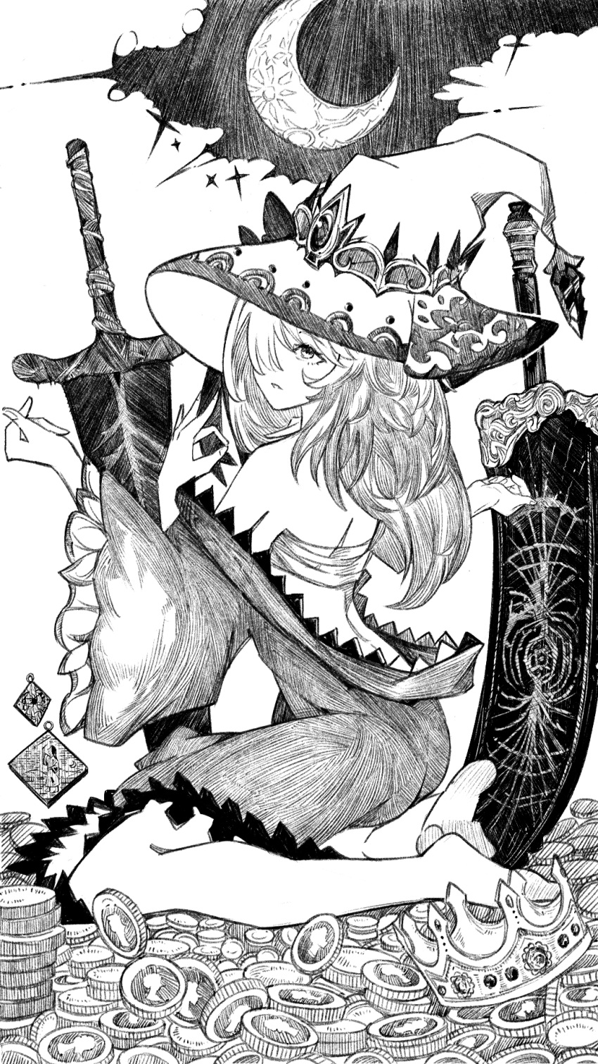 1girl bare_shoulders barefoot black-painter crescent crescent_moon dress greyscale hair_over_one_eye hat hatching_\(texture\) highres holding long_hair looking_at_viewer monochrome moon sarashi sitting sword weapon wide_sleeves witch witch_hat