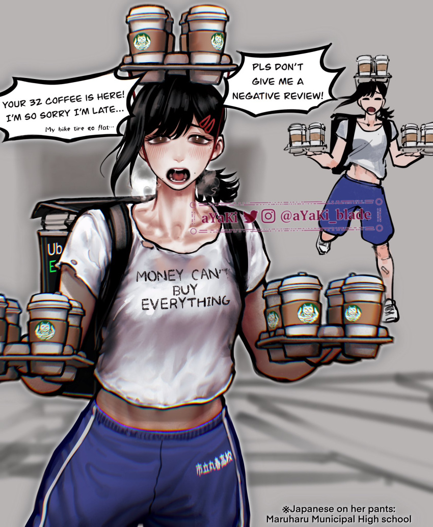 1girl artist_name ayaki_d backpack bag balancing_on_head black_hair blue_shorts brown_eyes chainsaw_man clothes_writing coffee_cup commentary_request crop_top cropped_shirt cup disposable_cup english_commentary english_text engrish_text hair_ornament hairclip heavy_breathing higashiyama_kobeni highres ponytail ranguage shirt shoes shorts sneakers solo starbucks t-shirt torn_clothes torn_shirt twitter_username uber_eats watermark