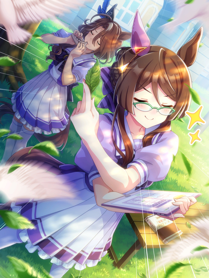 2girls absurdres animal_ears bird blurry blurry_foreground blush book breasts brown_hair closed_eyes closed_mouth glass grass hair_between_eyes hair_ornament highres horse_ears horse_girl horse_tail leaf medium_breasts medium_hair multiple_girls official_art royce_and school_uniform smile tail thigh-highs tracen_school_uniform umamusume