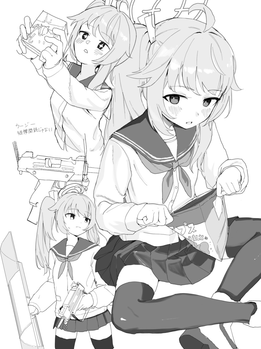 +_+ 1girl ahoge blue_archive blush cardigan drink greyscale gun halo highres holding holding_drink holding_gun holding_weapon long_hair long_sleeves milk_carton monochrome multiple_views natsu_(blue_archive) neckerchief open_mouth pleated_skirt sailor_collar side_ponytail simple_background skirt thigh-highs translation_request umiwashi weapon white_background