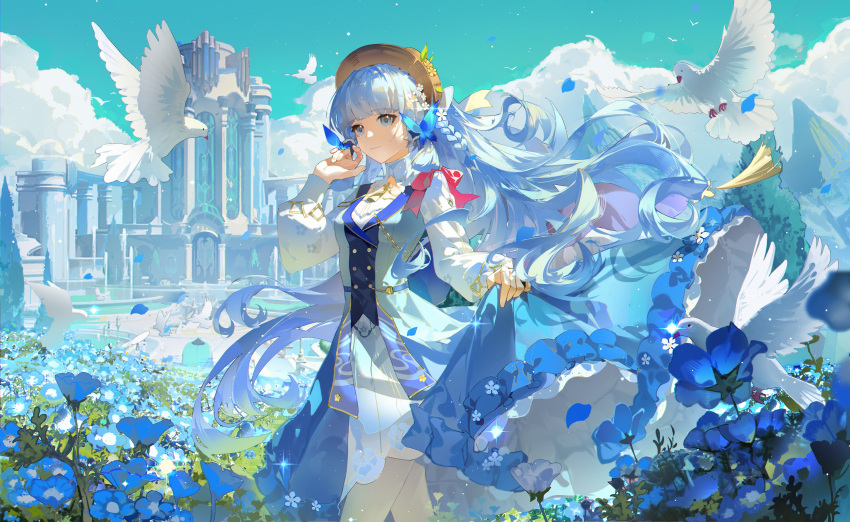 1girl absurdres alternate_hairstyle bird blue_dress blue_eyes blue_flower blue_hair blunt_bangs blunt_tresses braid butterfly_hair_ornament closed_mouth clouds cloudy_sky collar dress floating_hair flower genshin_impact hair_ornament hat highres kamisato_ayaka kamisato_ayaka_(springbloom_missive) leleyoukuailele long_hair long_sleeves looking_to_the_side official_alternate_costume outdoors pantyhose pigeon sidelocks sky smile solo standing white_collar white_pantyhose