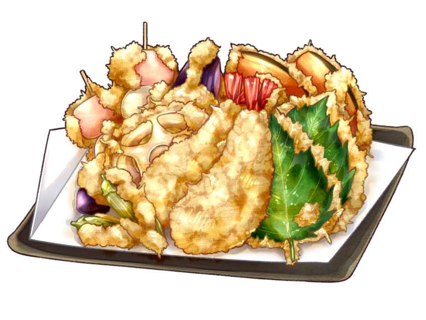 food food_focus highres no_humans original shrimp shrimp_tempura simple_background still_life tempura toothpick tray white_background yamamoto_hanabi