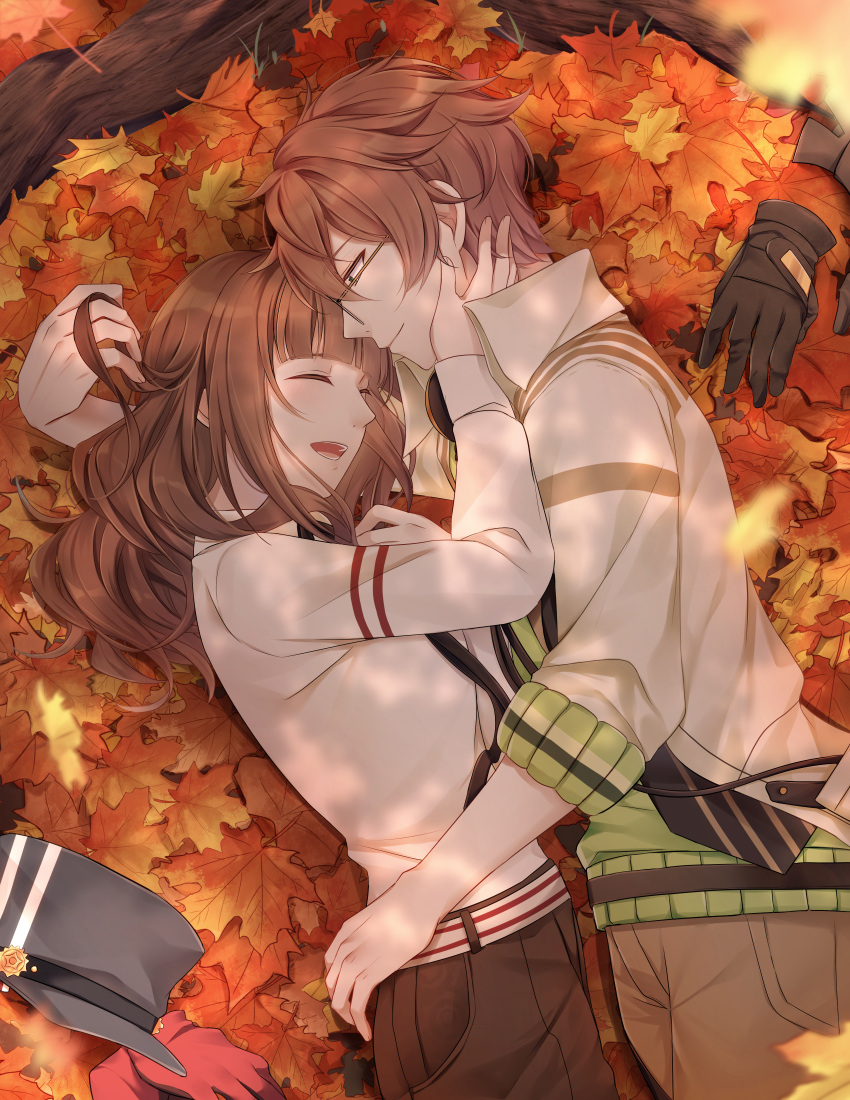 1boy 1girl absurdres autumn_leaves black_headwear brown_eyes brown_hair brown_pants brown_skirt cardia_beckford closed_eyes coat code:realize commentary day glasses gloves green_sweater happy hat hetero highres laughing long_sleeves looking_at_another lying on_side outdoors pants red_gloves sayumari shirt skirt sweater symbol-only_commentary unworn_gloves unworn_hat unworn_headwear victor_frankenstein_(code:realize) white_coat white_shirt