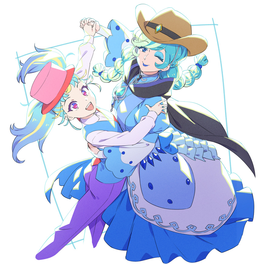 2girls :d blonde_hair blue_dress blue_eyes blue_eyeshadow blue_hair blue_lips blue_vest braid brown_headwear collared_shirt cowboy_hat cropped_legs dancing dress eyeshadow from_above hat highres holding_hands long_hair long_sleeves looking_at_viewer looking_up makeup mature_female multicolored_hair multiple_girls murakami_hisashi myamu one_eye_closed open_mouth pants pink_headwear pretty_series puffy_sleeves purple_pants shirt simple_background smile standing twin_braids twintails two-tone_hair undine_(pretty_series) vest violet_eyes waccha_primagi! white_background white_shirt wide_sleeves