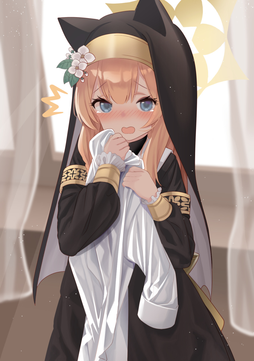 1girl ^^^ amacha animal_ear_headwear animal_ears black_headwear blue_archive blue_eyes blush coif fake_animal_ears flower habit halo hat hat_flower highres holding holding_clothes indoors long_hair long_sleeves looking_at_viewer mari_(blue_archive) nun open_mouth orange_hair solo white_flower yellow_halo