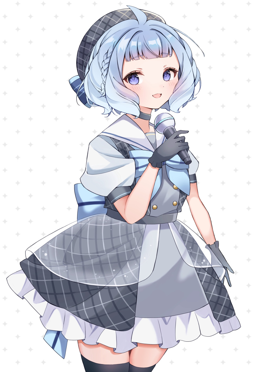 1girl absurdres back_bow beret blue_hair blush bow bowtie braid character_request choker dress frilled_dress frills gloves hat highres holding holding_microphone layered_dress looking_at_viewer microphone open_mouth original plaid_headwear sailor_collar sakuta. short_hair short_sleeves smile solo thigh-highs violet_eyes