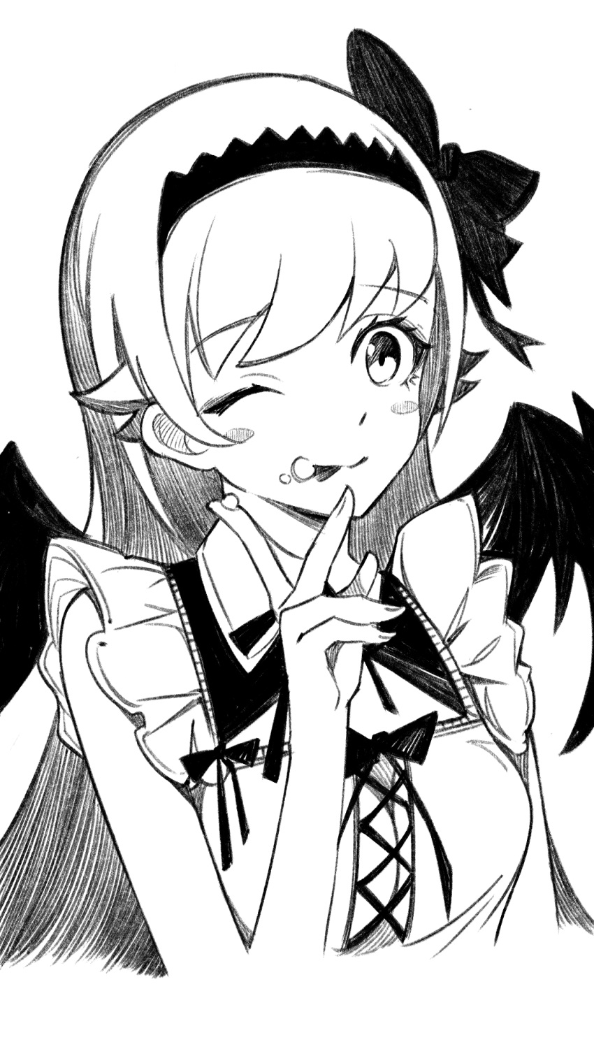 1girl bat_wings black-painter blush_stickers bow food greyscale hair_bow hairband highres long_hair looking_at_viewer monochrome one_eye_closed oshino_shinobu solo tongue tongue_out upper_body wings