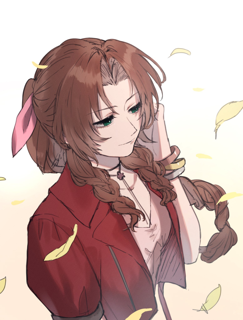 1girl adjusting_hair ah_yoshimizu bracelet brown_hair commentary_request cropped_jacket dress falling_petals final_fantasy final_fantasy_vii final_fantasy_vii_remake gradient_background green_eyes hair_ribbon hair_tucking half-closed_eyes highres jacket jewelry long_hair looking_to_the_side necklace open_clothes open_jacket parted_bangs petals pink_dress pink_ribbon ponytail red_jacket ribbon short_sleeves solo upper_body wavy_hair yellow_background