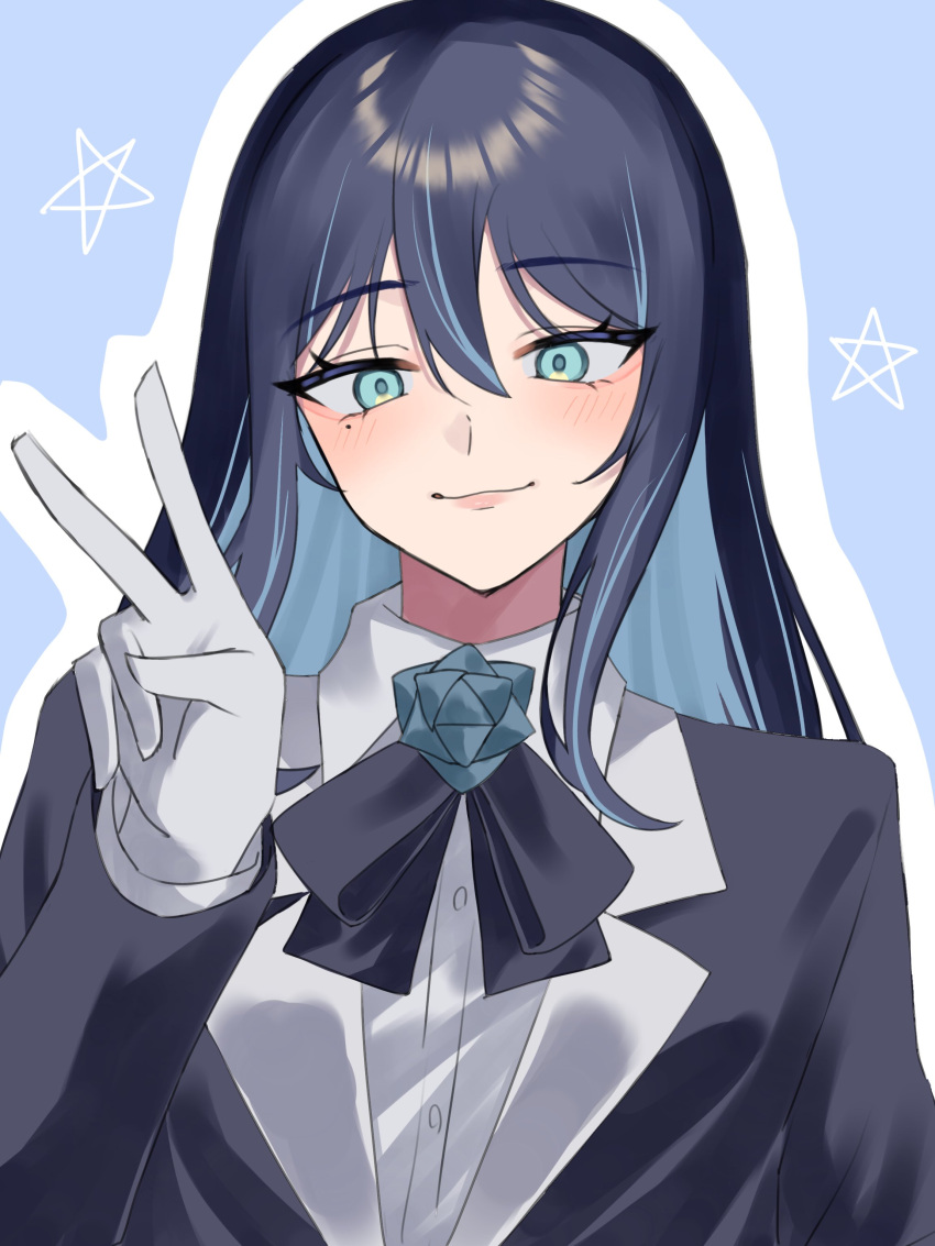 1girl absurdres ado_(utaite) black_bow black_bowtie black_hair black_jacket blue_background blue_eyes blue_flower blue_hair blue_rose blush bow bowtie chando_(ado) closed_mouth cloud_nine_inc collared_shirt colored_inner_hair commentary dress_shirt flower flower_brooch gloves hair_between_eyes highres jacket long_hair long_sleeves looking_at_viewer mole mole_under_eye multicolored_hair outline rose shirt sidelocks simple_background solo tsukuno_tsuki two-tone_hair upper_body utaite v white_gloves white_outline white_shirt