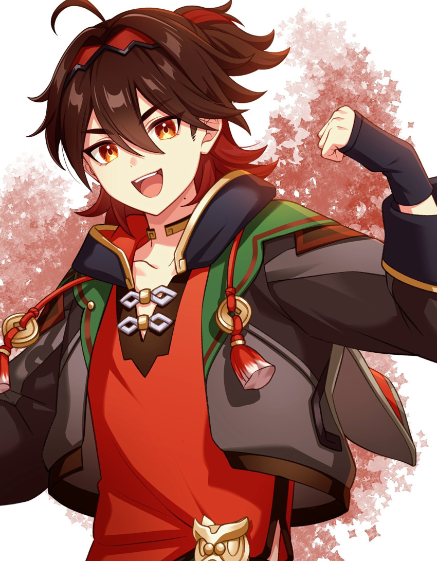 1boy :d ahoge black_gloves brown_eyes brown_hair chinese_clothes clenched_hand fingerless_gloves gaming_(genshin_impact) genshin_impact gloves hair_between_eyes highres jacket looking_at_viewer male_focus mole mole_on_neck open_mouth pochimaru_(marumaru_wanwan) red_shirt shirt simple_background smile solo teeth upper_body upper_teeth_only white_background