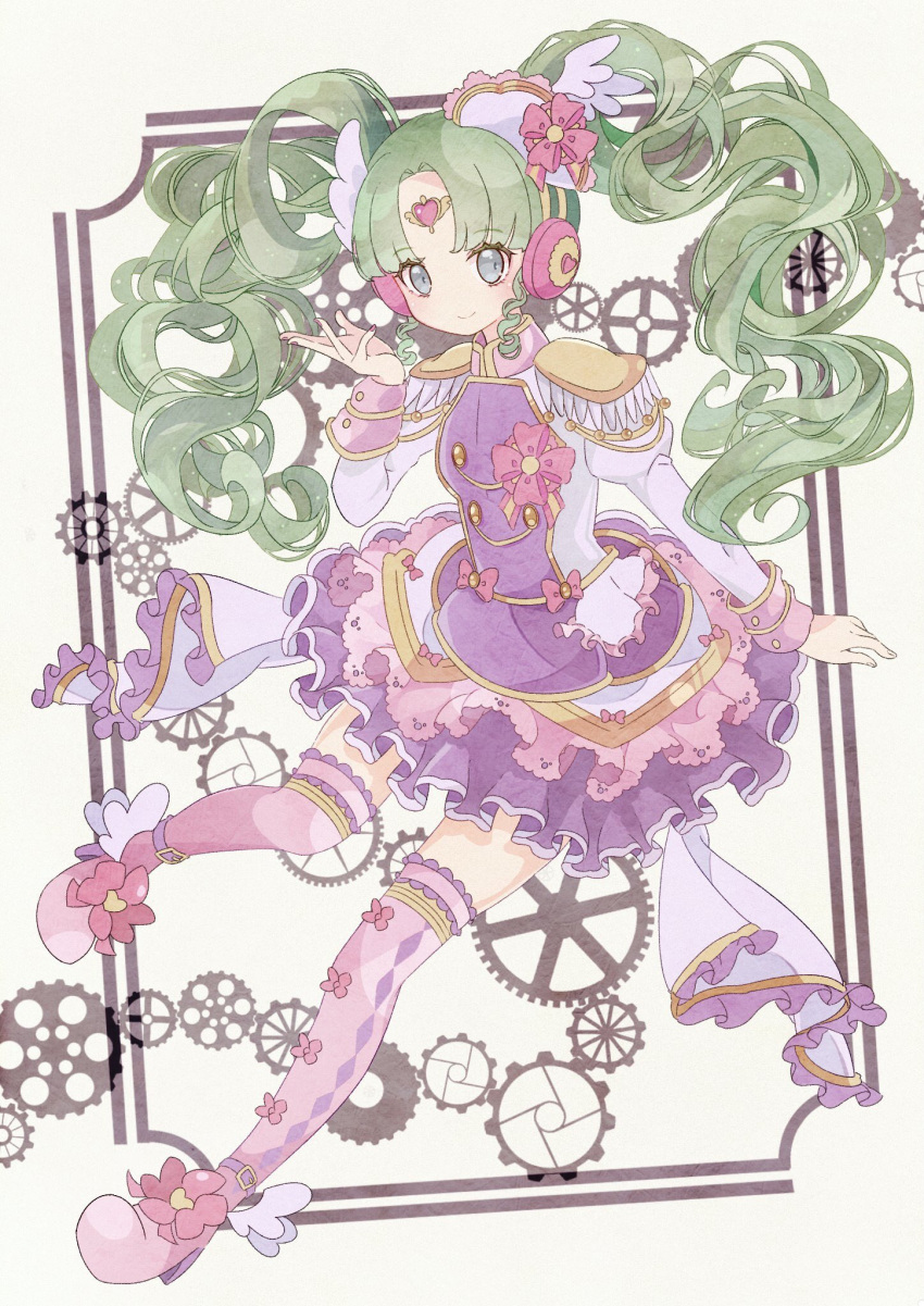 1girl aiguillette boots commentary_request epaulettes falulu forehead_jewel frilled_skirt frills full_body gears gold_trim green_hair grey_eyes hand_up headphones high_heels highres idol_clothes jacket long_hair long_sleeves looking_at_viewer parted_bangs pink_footwear pretty_series pripara purple_jacket purple_skirt ranirani_(syohousen8) sidelocks skirt smile solo thigh_boots twintails wing_hair_ornament