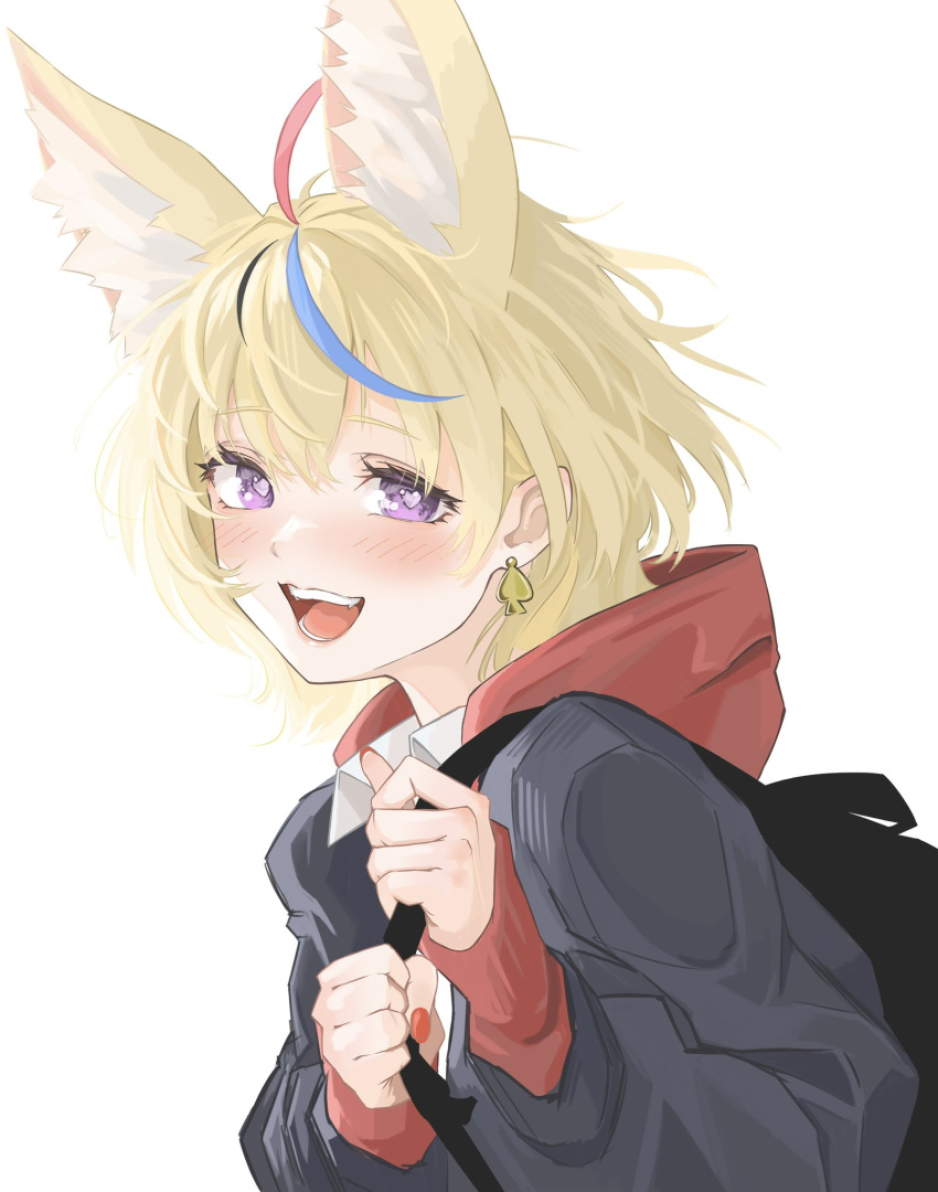 1girl 9tk9m :d alternate_costume animal_ear_fluff animal_ears backpack bag black_hair black_hoodie blonde_hair blue_hair blush collared_shirt commentary earrings eyelashes fox_ears hair_between_eyes heart heart-shaped_pupils highres hololive hood hoodie jewelry long_sleeves looking_at_viewer multicolored_hair nail_polish omaru_polka open_mouth pink_hair red_hood red_nails shirt short_hair simple_background smile solo spade_(shape) spade_earrings streaked_hair symbol-shaped_pupils teeth upper_body violet_eyes virtual_youtuber white_background white_shirt wing_collar