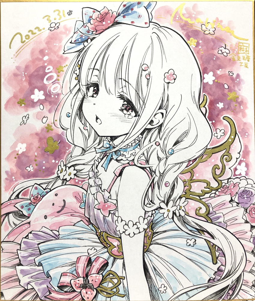 1girl bare_shoulders bow choker commentary_request dress flat_chest flower food fruit futaba_anzu hair_bow hair_flower hair_ornament highres idolmaster idolmaster_cinderella_girls long_hair marine_(confeitokobo) marker_(medium) multicolored_clothes multicolored_dress open_mouth ribbon_choker shikishi solo strawberry stuffed_animal stuffed_rabbit stuffed_toy tearing_up traditional_media twintails upper_body