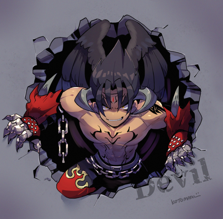 1boy abs belt black_hair black_wings chain character_name claws crack cracked_wall devil_jin evil_grin evil_smile forehead_jewel gloves grey_belt grey_horns grin horns kazama_jin kotorai looking_at_viewer male_focus navel pectorals red_gloves short_hair shoulder_tattoo signature smile solo studded_gloves tattoo tekken thick_eyebrows topless_male v-shaped_eyebrows wings yellow_eyes