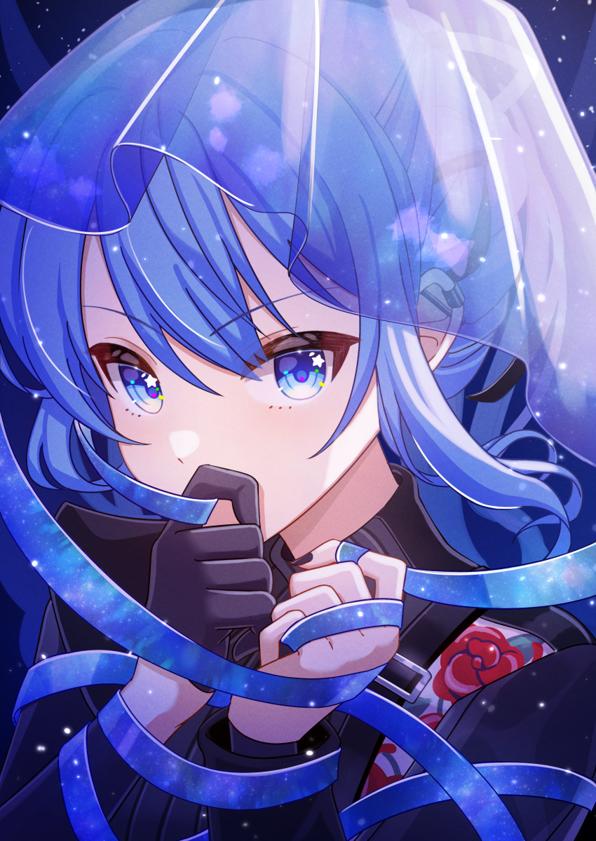 1girl absurdres blue_eyes blue_hair covering_mouth ear_piercing gloves hands_up highres holding holding_ribbon hololive hoshimachi_suisei industrial_piercing long_hair long_sleeves looking_at_viewer nail_polish piercing ponytail ribbon single_glove solo strap tsumurimai veil virtual_youtuber