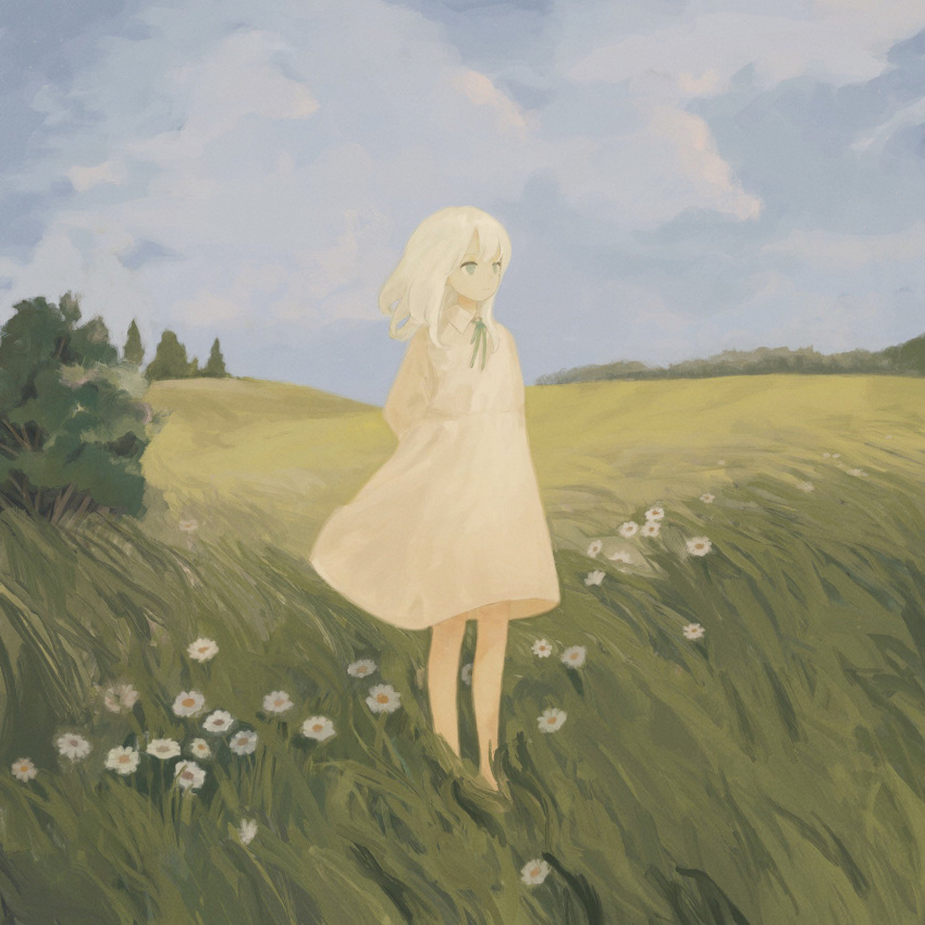 1girl album_cover arms_behind_back barefoot blue_eyes blue_sky chisato_charme clouds cloudy_sky collared_dress commentary cover day dress empire_waist field floating_hair flower green_ribbon highres long_hair long_sleeves looking_ahead neck_ribbon original outdoors puffy_long_sleeves puffy_sleeves ribbon sky solo standing symbol-only_commentary white_dress white_flower white_hair wide_shot wind