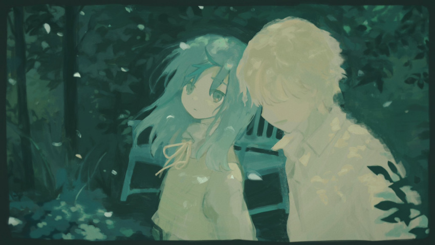 1boy 1girl bench blonde_hair blue_eyes blue_hair brown_dress chisato_charme closed_mouth collared_shirt commentary covered_eyes dappled_sunlight dress expressionless faceless faceless_male falling_petals floating_hair foliage from_side hair_over_eyes highres limited_palette long_hair long_sleeves looking_at_viewer looking_to_the_side neck_ribbon original outdoors petals pinafore_dress ribbon shirt short_hair sleeveless sleeveless_dress sunlight symbol-only_commentary upper_body white_shirt