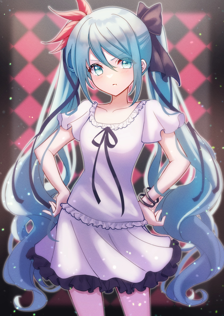1girl absurdres blue_eyes blue_hair blush bow bracelet checkered_background flower frilled_skirt frills frown hair_bow hair_flower hair_ornament hair_ribbon hands_on_own_hips hatsune_miku highres jewelry light_particles long_hair looking_at_viewer ribbon short_sleeves skirt solo tsumurimai twintails v-shaped_eyebrows very_long_hair vocaloid world_is_mine_(vocaloid)