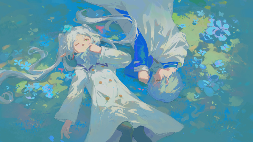 1boy 1girl black_pantyhose blue_flower blue_hair blue_scarf buttons cloak closed_mouth coat commentary_request cowboy_shot elf flower frieren grass green_eyes hano_1219 highres himmel_(sousou_no_frieren) long_hair long_sleeves lying on_back on_grass on_side one_eye_closed outdoors pantyhose parted_bangs pointy_ears scarf short_hair smile sousou_no_frieren twintails white_cloak white_coat white_hair