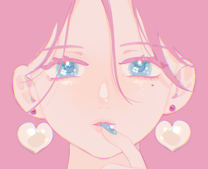 1girl blue_eyes blue_nails colored_eyelashes commentary cropped_shoulders earrings english_commentary finger_to_mouth glitter heart heart_earrings highres jewelry mole mole_under_eye nail_polish original parted_lips pink_hair pink_lips procreate_(medium) solo straight-on yeshisi