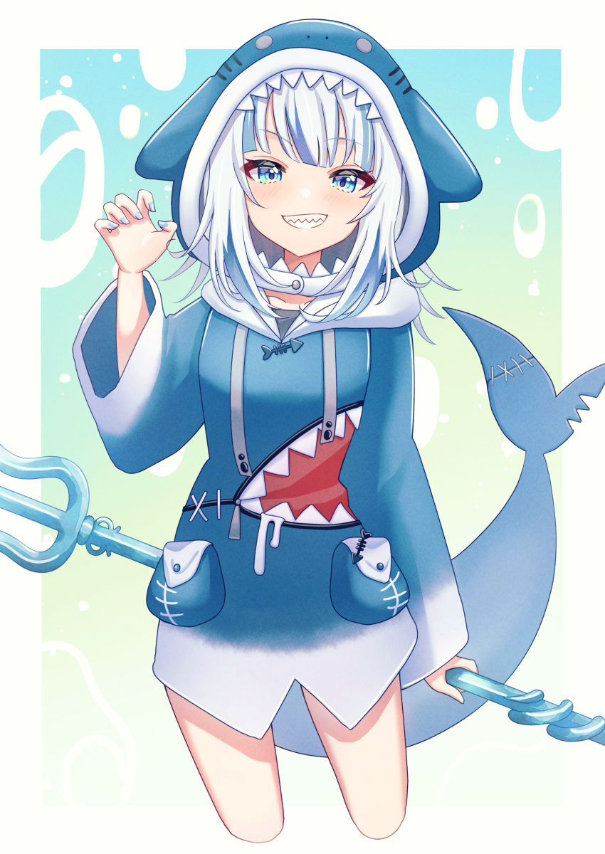 1girl absurdres animal_hood blue_eyes blue_sky blush claw_pose cropped_legs fins fish_tail gawr_gura grin highres holding_trident hololive hololive_english hood hoodie long_hair long_sleeves looking_at_viewer multicolored_hair nail_polish pocket polearm shark_girl shark_hood shark_tail sharp_teeth sky smile solo streaked_hair tail teeth trident tsumurimai virtual_youtuber weapon white_hair zipper_pull_tab