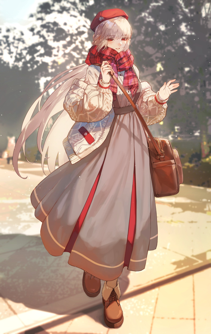 1girl absurdres alternate_costume bag fate/grand_order fate_(series) florence_nightingale_(fate) grey_skirt highres long_hair long_skirt makitoshi0316 pink_hair plaid plaid_scarf red_eyes scarf shoulder_bag skirt smile