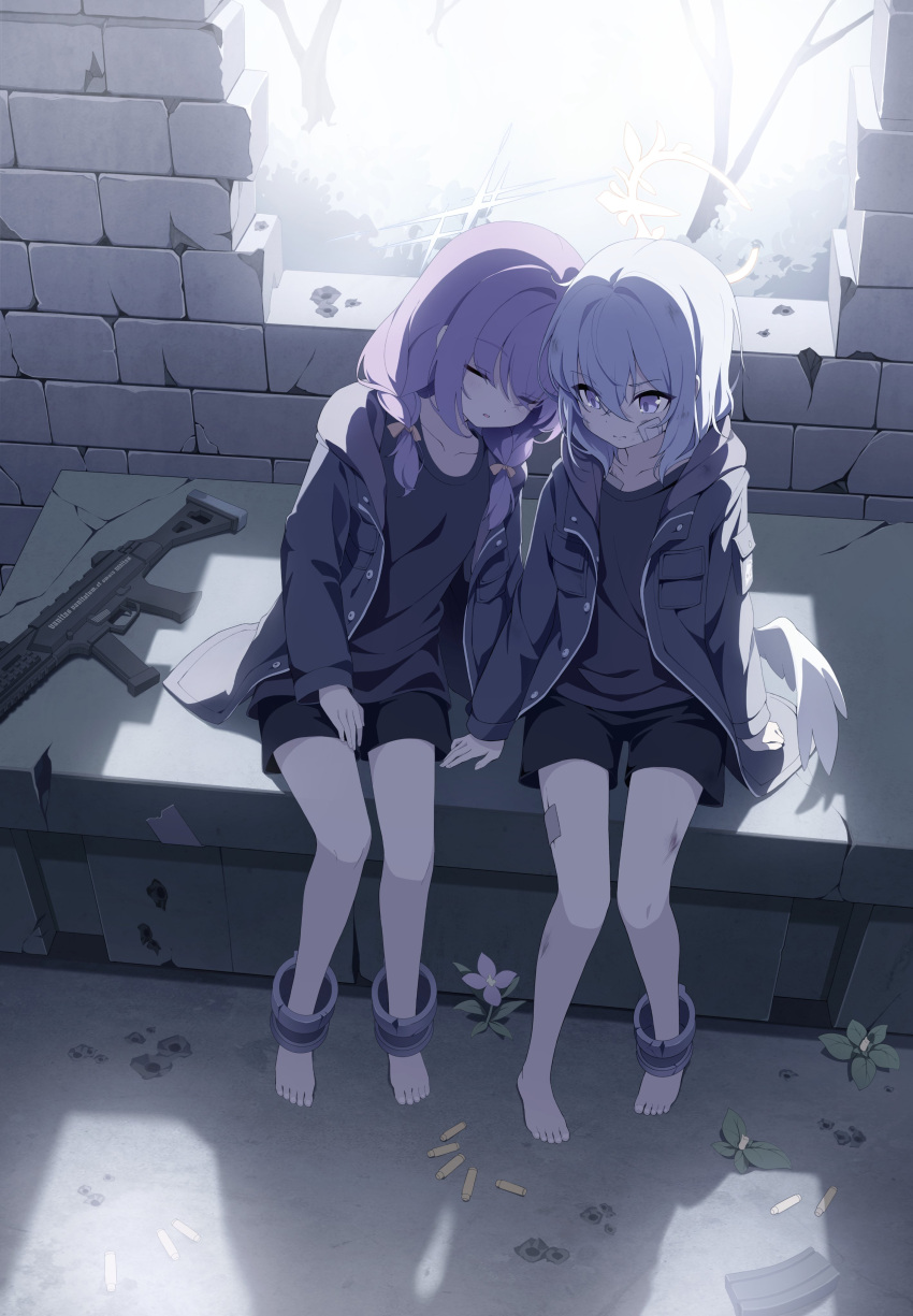 2girls absurdres angel_wings atsuko_(blue_archive) azusa_(blue_archive) black_jacket black_shirt black_shorts blue_archive blush braid brick_wall closed_eyes closed_mouth collarbone feathered_wings grey_hair grey_halo gun hair_between_eyes halo highres jacket long_hair long_sleeves multiple_girls open_clothes open_jacket parted_lips purple_hair shirt shorts sitting twin_braids violet_eyes weapon white_wings wings yellow_halo yozisang