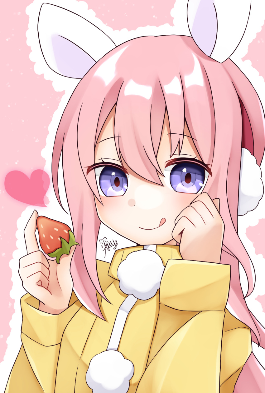 100_percent_orange_juice 1girl animal_ears blush earmuffs food fruit heart high_collar highres holding holding_food holding_fruit long_hair long_sleeves looking_at_viewer nico_(orange_juice) pink_hair pom_pom_(clothes) rabbit_ears rabbit_girl smile solo strawberry tongue tongue_out u_amy1207 upper_body violet_eyes