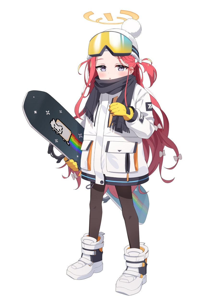 1girl absurdres black_pantyhose black_scarf blue_archive blush boots eyewear_on_head forehead fringe_trim full_body gloves hat highres jacket long_hair long_sleeves mearyo nyan_cat pantyhose parted_lips pom_pom_(clothes) redhead safety_glasses scarf simple_background snowboard solo violet_eyes white_background white_footwear white_headwear white_jacket yellow_gloves yuzu_(blue_archive)