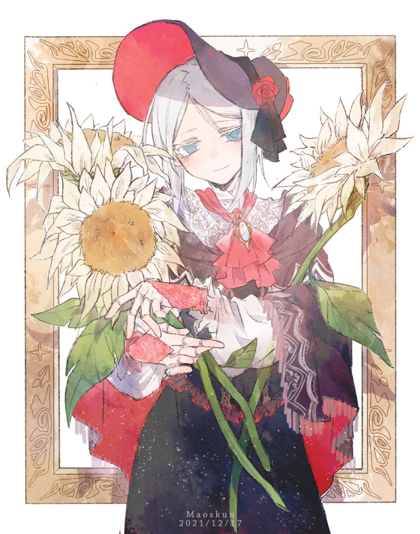 1girl artist_name ascot black_dress black_headwear bloodborne blue_eyes bonnet brooch closed_mouth cowboy_shot dated doll_joints dress flower hat hat_flower highres holding holding_flower jewelry joints long_sleeves maou_skun picture_frame plain_doll red_ascot short_hair_with_long_locks smile solo standing sunflower white_background white_hair