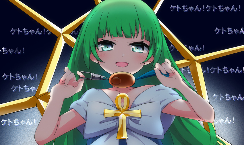 1girl ankh blush bow collarbone crime_prevention_buzzer dian_keto_the_cure_maiden dot_nose duel_monster green_eyes green_hair grey_background highres long_hair looking_at_viewer open_mouth orange-bird shukusei!!_loli-gami_requiem solo translation_request upper_body very_long_hair white_bow yu-gi-oh! yu-gi-oh!_rush_duel