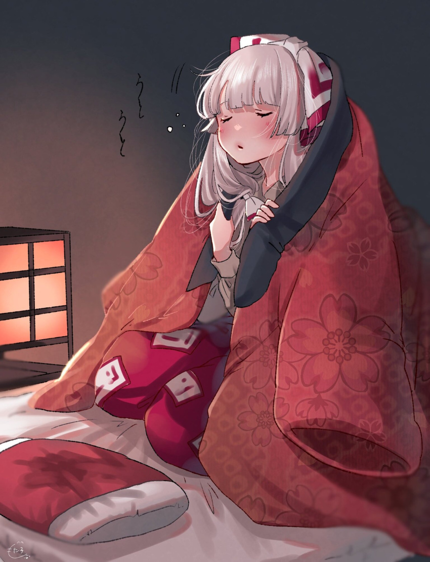 1girl blush bow closed_eyes collared_shirt commentary_request eyelashes floral_print fujiwara_no_mokou full_body futon grey_shirt grey_sleeves hair_bow haori highres indoors jacket jacket_on_shoulders japanese_clothes kneeling long_hair long_sleeves mokoiscat motion_lines ofuda ofuda_on_clothes pants parted_lips pillow puffy_long_sleeves puffy_pants puffy_sleeves red_jacket red_pants red_trim shirt sleep_bubble sleepy solo touhou white_bow white_hair