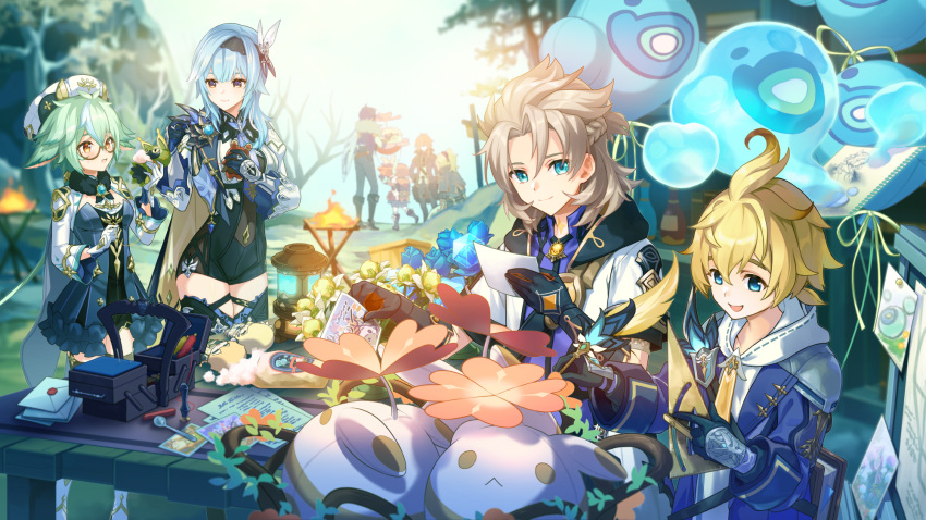4boys 4girls :&lt; :d aether_(genshin_impact) ahoge albedo_(genshin_impact) animal_ears aqua_eyes asymmetrical_hair bag balloon baron_bunny_(genshin_impact) black_gloves black_hairband black_shorts blonde_hair blue_cape blue_dress blue_eyes blue_flower blue_hair blue_jacket blue_necktie blue_shirt blurry blurry_background book box braid brown_eyes cape character_doll closed_mouth coat collared_shirt commentary_request crossed_bangs cuilein-anbar_(genshin_impact) day diluc_(genshin_impact) drawing drawing_(object) dress envelope eula_(genshin_impact) fire flower frilled_dress frills fur_collar genshin_impact glasses gloves gold_trim green_hair hair_between_eyes hair_intakes hair_ornament hairband half_updo hands_up hat high-waist_shorts highres holding holding_photo holding_quill hood hood_down hoodie hydro_eidolon_(genshin_impact) idyia_(genshin_impact) jacket jean_(genshin_impact) jumpy_dumpty kaeya_(genshin_impact) klee_(genshin_impact) lantern lapels light_brown_hair long_hair long_sleeves looking_at_viewer looking_to_the_side low_ponytail lumine_(genshin_impact) medium_hair mika_(genshin_impact) mist_flower multicolored_hair multiple_boys multiple_girls necktie open_clothes open_coat open_mouth outdoors paper parted_bangs photo_(object) pincushion ponytail quill semi-rimless_eyewear set_square sewing sewing_pin shirt short_ponytail shorts shrug_(clothing) sidelocks sketchbook smile spoon strapless strapless_dress streaked_hair stuffing sucrose_(genshin_impact) sweet_flower table thighs thread tree two-sided_cape two-sided_fabric two-tone_gloves under-rim_eyewear vambraces violet_eyes vision_(genshin_impact) white_coat white_flower white_gloves white_headwear white_hoodie wooden_table yellow_cape yellow_necktie yoco_n