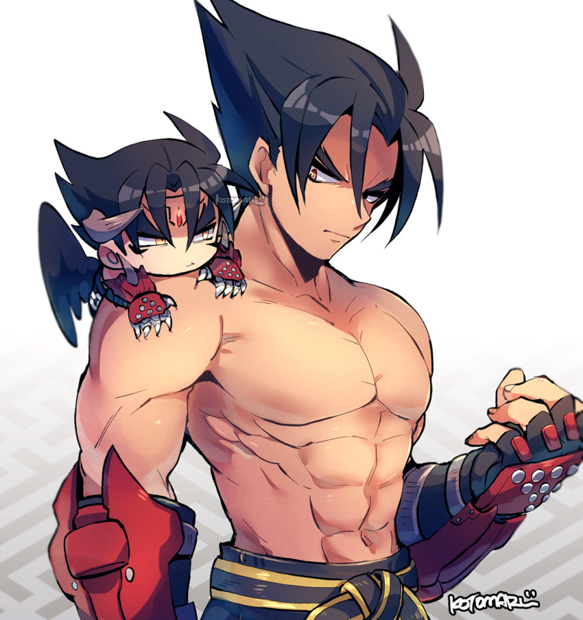 2boys abs black_hair black_wings claws closed_mouth collarbone devil_jin forehead_jewel gloves highres horns kazama_jin kotorai looking_at_another male_focus mini_person miniboy multiple_boys navel on_shoulder pectorals red_gloves serious signature slit_pupils studded_gloves tekken thick_eyebrows topless_male upper_body v-shaped_eyebrows white_background wings yellow_eyes