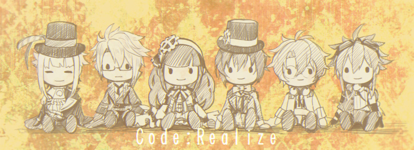 1girl 5boys abraham_van_helsing_(code:realize) arsene_lupin_(code:realize) cardia_beckford character_doll code:realize copyright_name doll hat hat_ornament highres impey_barbicane multiple_boys neoromansu5 saint_germain_(code:realize) sitting top_hat victor_frankenstein_(code:realize)