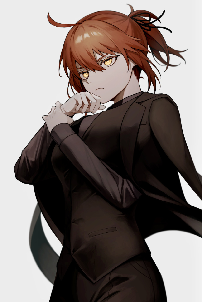 1girl ahoge black_jacket black_pants black_ribbon black_suit closed_mouth commentary_request fate/grand_order fate_(series) floating_hair fujimaru_ritsuka_(female) fujimaru_ritsuka_(female)_(royal_brand) hair_between_eyes hair_ribbon highres jacket jacket_on_shoulders long_sleeves looking_at_viewer official_alternate_costume orange_hair pants ponytail ribbon short_hair simple_background solo suit sumi_(gfgf_045) white_background yellow_eyes
