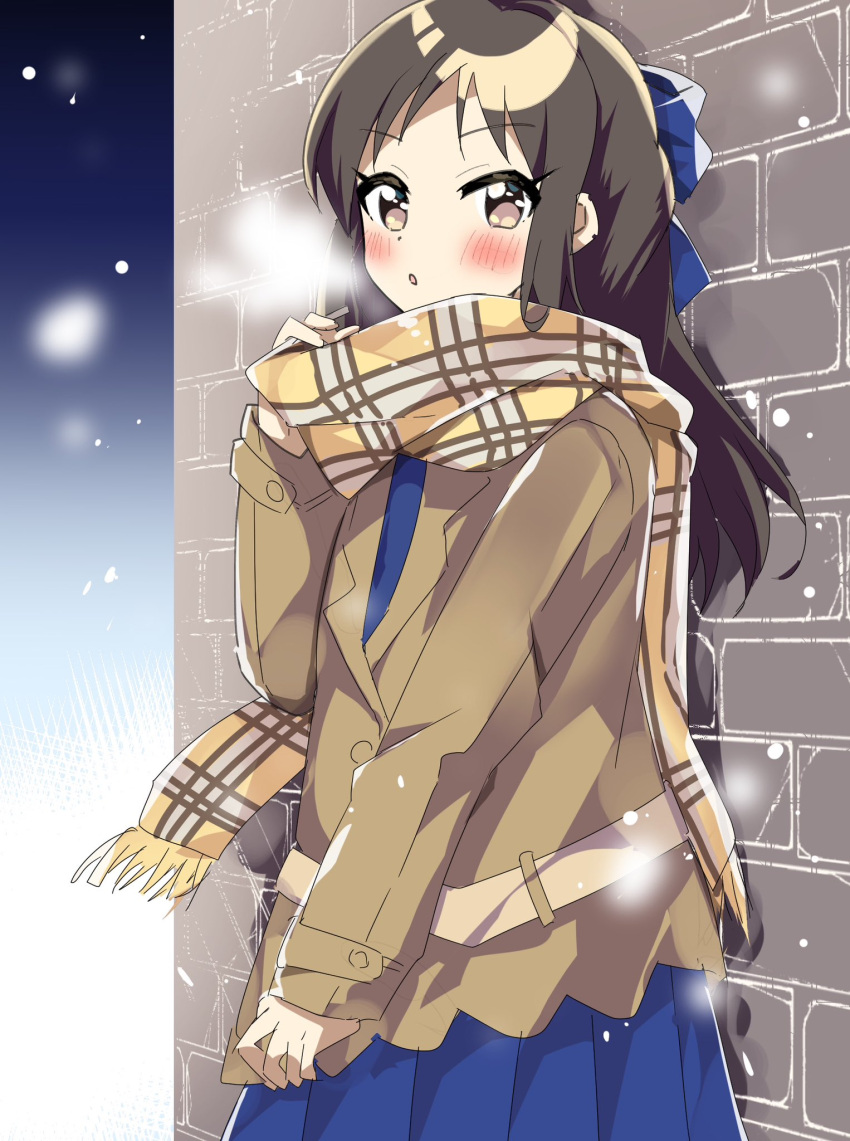 1girl :o adjusting_scarf blue_bow blue_dress blush bow breath brick_wall brown_coat brown_eyes brown_hair brown_scarf check_commentary checkered_clothes checkered_scarf coat commentary_request dot_nose dress hair_bow hand_up haruna391 highres idolmaster idolmaster_cinderella_girls long_hair long_sleeves looking_at_viewer night night_sky outdoors pleated_dress scarf sidelocks sky snowing solo tachibana_arisu winter