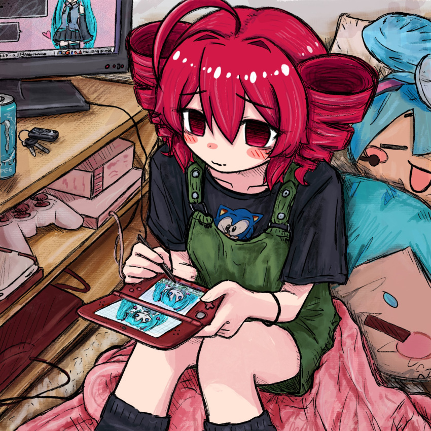 1girl ahoge black_shirt black_socks blush blush_stickers bubbacterial collarbone controller drill_hair embarrassed from_above game_controller green_overalls handheld_game_console hatsune_miku highres holding holding_handheld_game_console holding_stylus indoors kasane_teto key knees_together_feet_apart monitor monster_energy nintendo_ds pillow red_eyes redhead shirt socks solo_focus sonic_(series) sonic_the_hedgehog stylus twin_drills twintails utau vocaloid