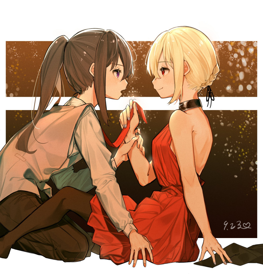2girls arm_support bare_shoulders black_hair black_pants black_pantyhose black_ribbon blonde_hair blue_nails blush chinese_commentary closed_mouth commentary_request dated dkl_(dinosaurkl2) dress eye_contact grey_shirt grey_vest hair_between_eyes highres holding_another's_wrist inoue_takina long_hair long_sleeves looking_at_another lycoris_recoil multiple_girls nail_polish necktie necktie_grab neckwear_grab nishikigi_chisato official_alternate_costume open_mouth pants pantyhose ponytail red_dress red_eyes red_necktie ribbon shirt short_hair sidelocks sleeveless sleeveless_dress vest violet_eyes yuri