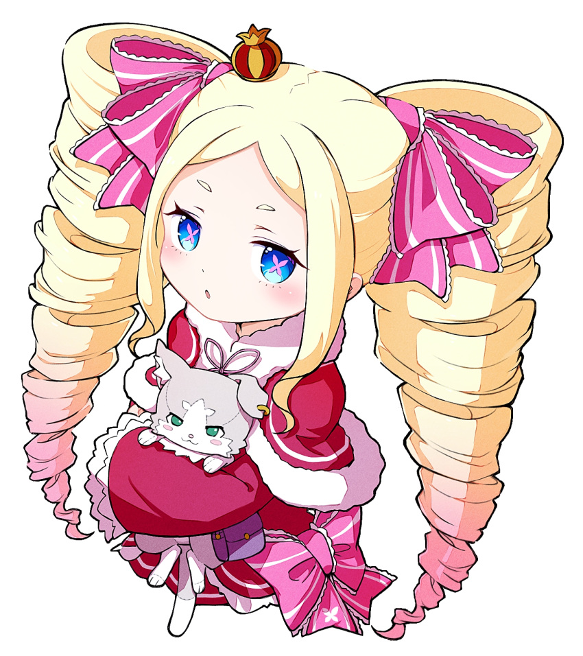 1girl beatrice_(re:zero) blonde_hair blue_eyes blush bow butterfly-shaped_pupils capelet cat commentary_request crown dress dress_bow drill_hair frilled_dress frilled_sleeves frills fur-trimmed_capelet fur_trim green_eyes hair_ribbon highres long_hair looking_at_viewer mini_crown open_mouth parted_bangs pink_bow pink_ribbon prmsub puck_(re:zero) re:zero_kara_hajimeru_isekai_seikatsu red_capelet red_dress ribbon sidelocks simple_background solo symbol-shaped_pupils twin_drills white_background wide_sleeves