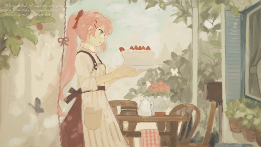 1girl apron black_sash blue_eyes blue_sky bow bug butterfly cake chisato_charme clouds cloudy_sky cursive curtains day english_text flower foliage food from_side hair_bow hair_ornament hairclip highres holding holding_cake holding_food long_hair long_sleeves looking_ahead open_mouth original outdoors pink_flower pink_hair pink_rose plant ponytail potted_plant red_bow red_skirt rose sash shirt skirt sky smile solo standing strawberry_cake striped striped_apron table teapot vertical-striped_apron vertical_stripes white_apron white_shirt window