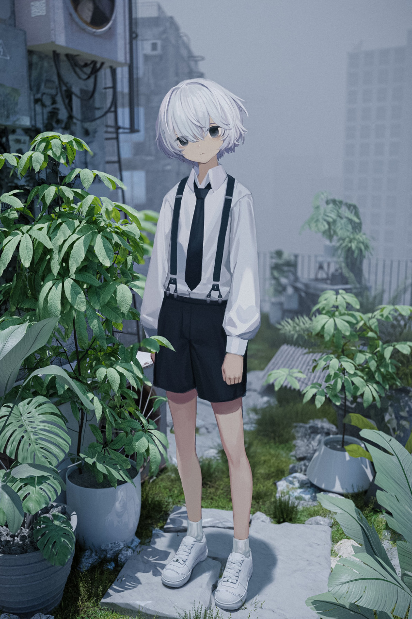 1boy absurdres black_eyes black_necktie black_shorts building closed_mouth collared_shirt empty_eyes fog full_body hair_between_eyes highres long_sleeves looking_at_viewer m._(emudotto) male_focus necktie original outdoors plant potted_plant shirt shoes shorts sneakers socks solo standing suspender_shorts suspenders white_footwear white_hair white_shirt white_socks