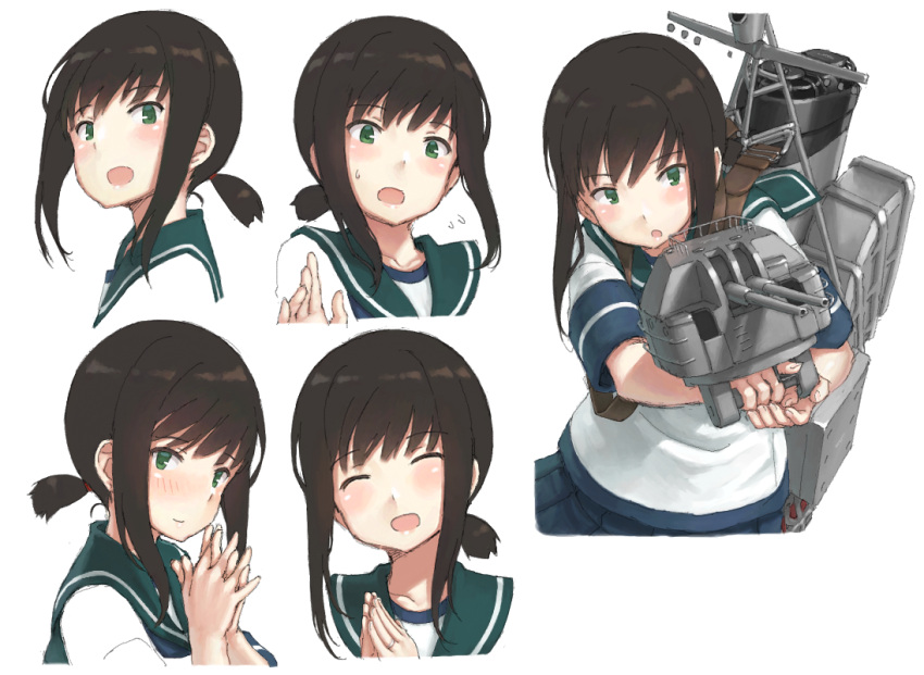 1girl aiming blue_neckerchief blue_skirt blush brown_hair commentary_request fubuki_(kancolle) green_eyes green_sailor_collar hair_between_eyes hayashi_naoharu holding holding_turret jewelry kantai_collection looking_at_viewer low_ponytail mast medium_hair multiple_views neckerchief own_hands_together pleated_skirt portrait profile rigging ring sailor_collar school_uniform serafuku shirt short_ponytail short_sleeves sidelocks simple_background skirt smile smokestack solo turret upper_body wedding_ring white_background white_shirt